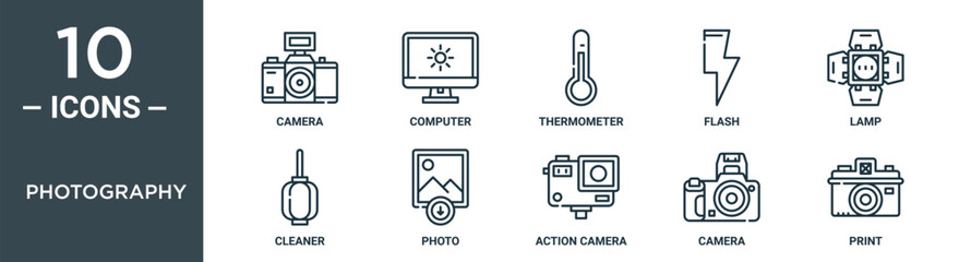 photography outline icon set includes thin line camera, computer, thermometer, flash, lamp, cleaner, photo icons for report, presentation, diagram, web design