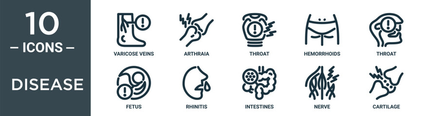 disease outline icon set includes thin line varicose veins, arthraia, throat, hemorrhoids, throat, fetus, rhinitis icons for report, presentation, diagram, web design