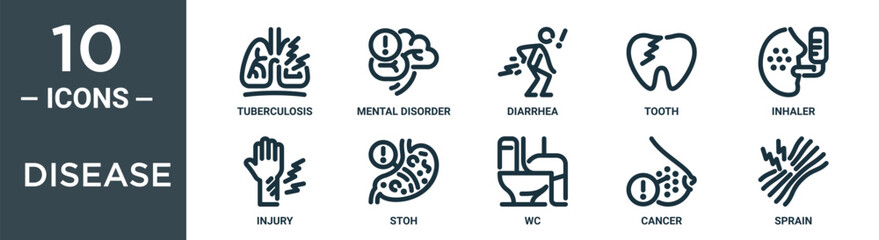 disease outline icon set includes thin line tuberculosis, mental disorder, diarrhea, tooth, inhaler, injury, stoh icons for report, presentation, diagram, web design