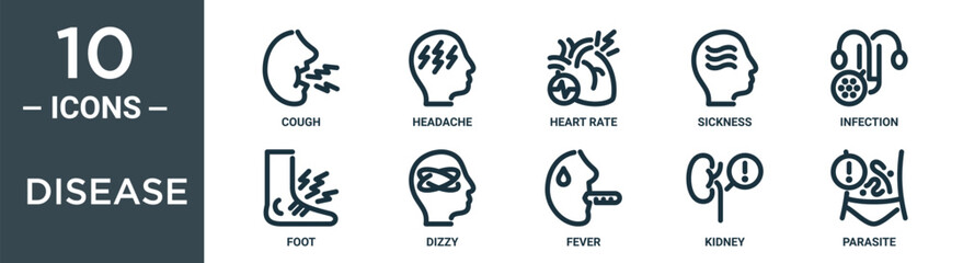 disease outline icon set includes thin line cough, headache, heart rate, sickness, infection, foot, dizzy icons for report, presentation, diagram, web design
