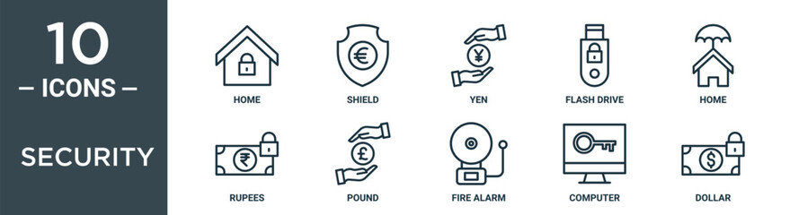 security outline icon set includes thin line home, shield, yen, flash drive, home, rupees, pound icons for report, presentation, diagram, web design