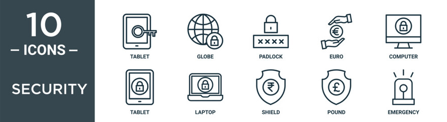 security outline icon set includes thin line tablet, globe, padlock, euro, computer, tablet, laptop icons for report, presentation, diagram, web design