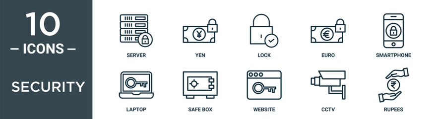 security outline icon set includes thin line server, yen, lock, euro, smartphone, laptop, safe box icons for report, presentation, diagram, web design