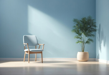 Armchair beside vase with plant and on wooden floor with interesting light glare. Background for the presentation, Generative Ai