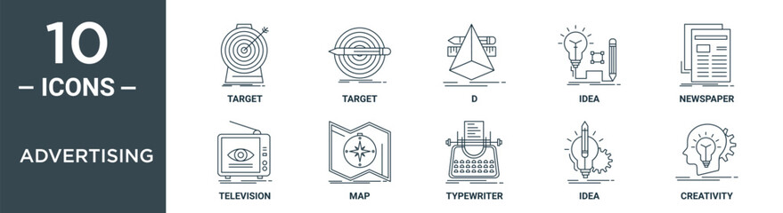advertising outline icon set includes thin line target, target, d, idea, newspaper, television, map icons for report, presentation, diagram, web design