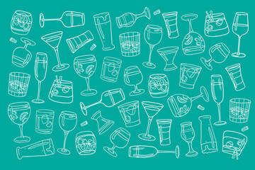 Trendy set with alcohol drinks in doodle style. Great for decoration interior, print posters, banner, menu design, packaging. isolated on blue background. 