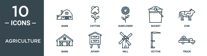 agriculture outline icon set includes thin line barn, cotton, sunflower, bucket, cow, barn, apiary icons for report, presentation, diagram, web design