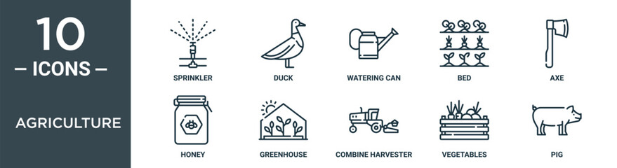 agriculture outline icon set includes thin line sprinkler, duck, watering can, bed, axe, honey, greenhouse icons for report, presentation, diagram, web design