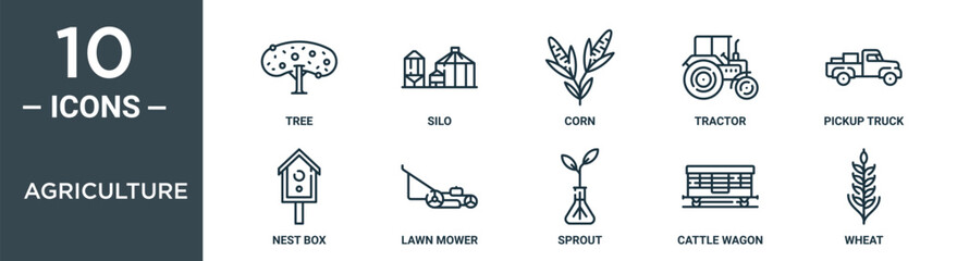 agriculture outline icon set includes thin line tree, silo, corn, tractor, pickup truck, nest box, lawn mower icons for report, presentation, diagram, web design