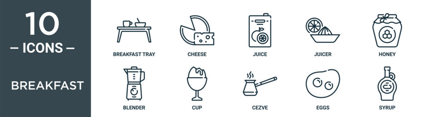 breakfast outline icon set includes thin line breakfast tray, cheese, juice, juicer, honey, blender, cup icons for report, presentation, diagram, web design