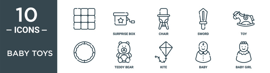 baby toys outline icon set includes thin line , surprise box, chair, sword, toy, teddy bear icons for report, presentation, diagram, web