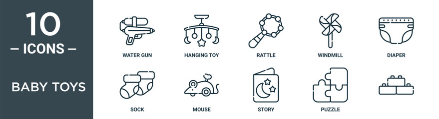 baby toys outline icon set includes thin line water gun, hanging toy, rattle, windmill, diaper, sock, mouse icons for report, presentation, diagram, web design