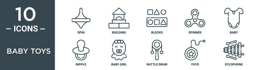 baby toys outline icon set includes thin line spin, building, blocks, spinner, baby, nipple, baby girl icons for report, presentation, diagram, web design