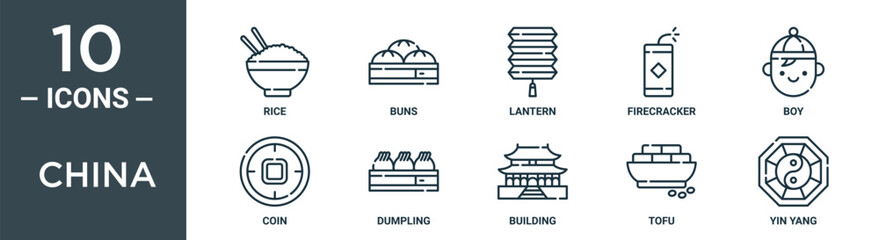 china outline icon set includes thin line rice, buns, lantern, firecracker, boy, coin, dumpling icons for report, presentation, diagram, web design