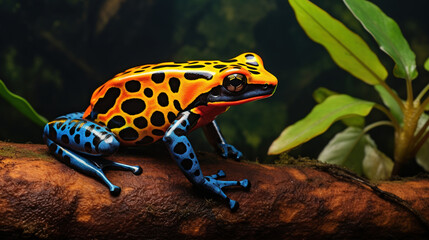 Fototapeta premium Colorful Poison Dart Frog: Description: The picture showcases a close-up view of a vibrant poison dart frog perched on a leaf. The frog's striking colors serve as a warning to potential predators.
