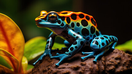 Fototapeta premium Colorful Poison Dart Frog: Description: The picture showcases a close-up view of a vibrant poison dart frog perched on a leaf. The frog's striking colors serve as a warning to potential predators.