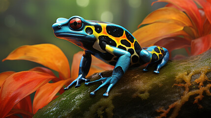 Fototapeta premium Colorful Poison Dart Frog: Description: The picture showcases a close-up view of a vibrant poison dart frog perched on a leaf. The frog's striking colors serve as a warning to potential predators.