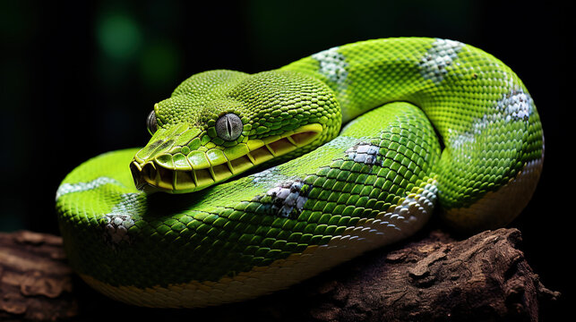 Emerald Tree Boa Coiled on a Branch: Description: The image captures the mesmerizing pattern and intense green color of an emerald tree boa coiled on a tree branch. 