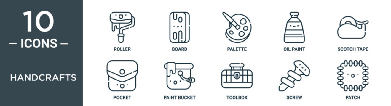 handcrafts outline icon set includes thin line roller, board, palette, oil paint, scotch tape, pocket, paint bucket icons for report, presentation, diagram, web design
