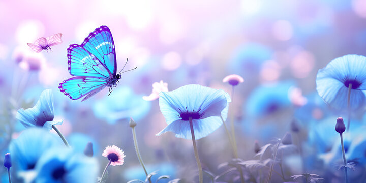 Beautiful white blue butterflies on the flowers of lavender. Summer spring natural image in blue and purple tones. Free space for text. Fantastic summer natural concept, butterfly on beautiful flowers