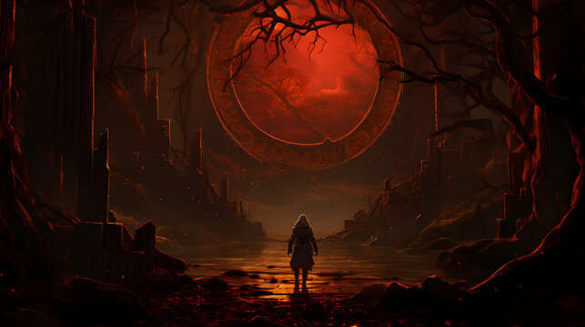 A fantastical dystopian world, a man in capicheon looks at mystical events, Generative AI