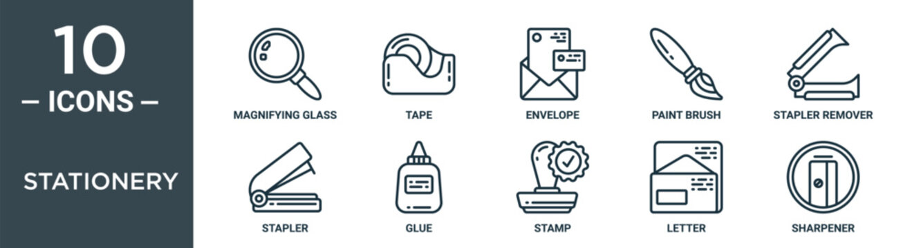 stationery outline icon set includes thin line magnifying glass, tape, envelope, paint brush, stapler remover, stapler, glue icons for report, presentation, diagram, web design