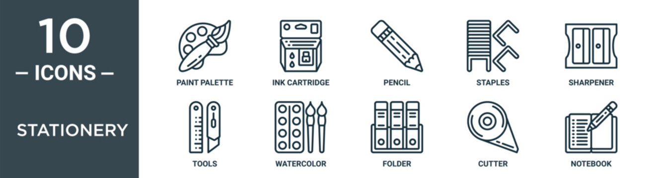 stationery outline icon set includes thin line paint palette, ink cartridge, pencil, staples, sharpener, tools, watercolor icons for report, presentation, diagram, web design