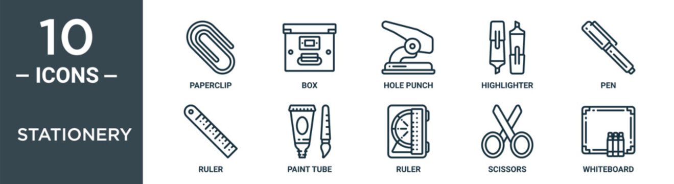 stationery outline icon set includes thin line paperclip, box, hole punch, highlighter, pen, ruler, paint tube icons for report, presentation, diagram, web design