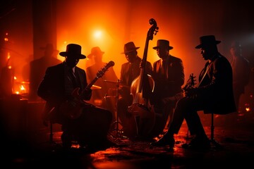 jazz band playing in a nightclub in summertime - obrazy, fototapety, plakaty