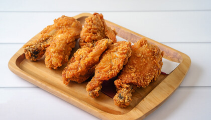 Fried chicken put on wooden tray on white table, crispy, delicious. It is a kind of junk food, unhealthy.
