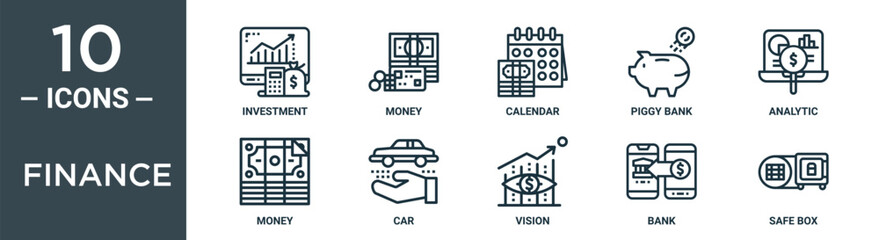 Obraz premium finance outline icon set includes thin line investment, money, calendar, piggy bank, analytic, money, car icons for report, presentation, diagram, web design