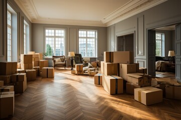 moving boxes in a large luxury apartment
