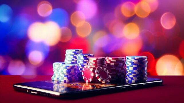 online casino concept, playing cards, dice chips and smartphone with copyspace on the green table. view from above. banner template layout mockup for online casinos and gambling.