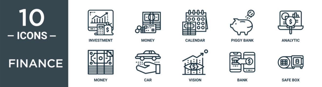 finance outline icon set includes thin line investment, money, calendar, piggy bank, analytic, money, car icons for report, presentation, diagram, web design