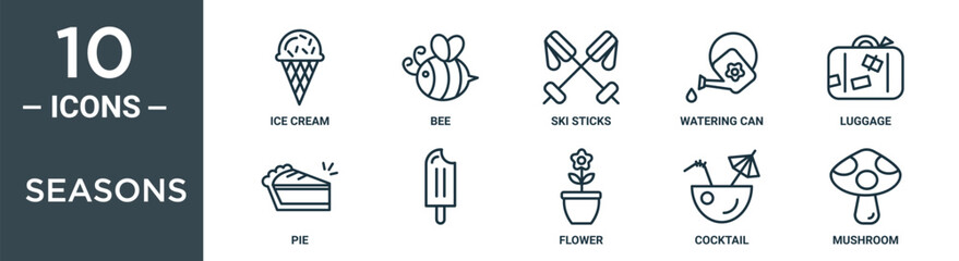 seasons outline icon set includes thin line ice cream, bee, ski sticks, watering can, luggage, pie, icons for report, presentation, diagram, web design