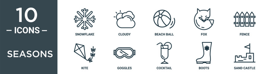 seasons outline icon set includes thin line snowflake, cloudy, beach ball, fox, fence, kite, goggles icons for report, presentation, diagram, web design