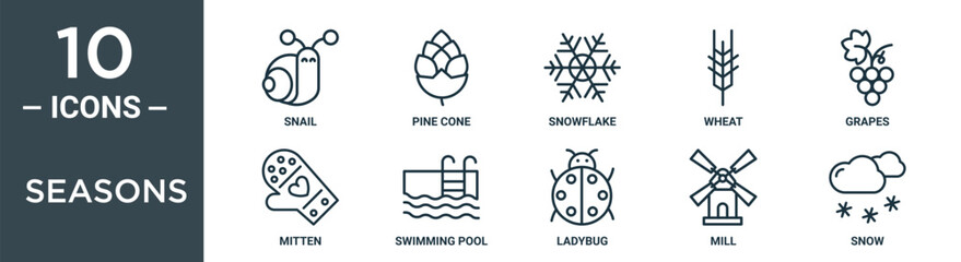 seasons outline icon set includes thin line snail, pine cone, snowflake, wheat, grapes, mitten, swimming pool icons for report, presentation, diagram, web design