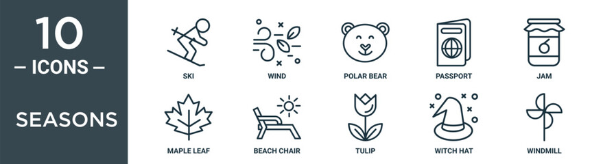 seasons outline icon set includes thin line ski, wind, polar bear, passport, jam, maple leaf, beach chair icons for report, presentation, diagram, web design