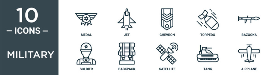 military outline icon set includes thin line medal, jet, chevron, torpedo, bazooka, soldier, backpack icons for report, presentation, diagram, web design