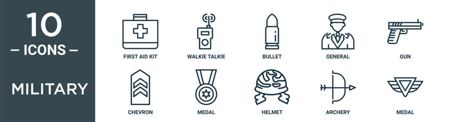 Obraz premium military outline icon set includes thin line first aid kit, walkie talkie, bullet, general, gun, chevron, medal icons for report, presentation, diagram, web design