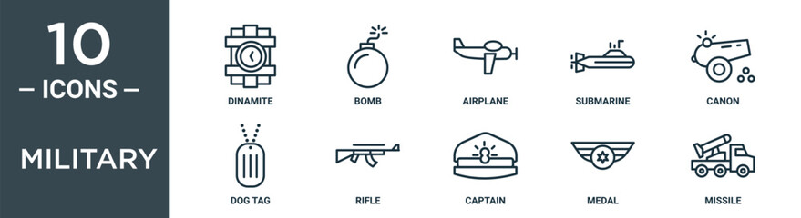 military outline icon set includes thin line dinamite, bomb, airplane, submarine, canon, dog tag, rifle icons for report, presentation, diagram, web design