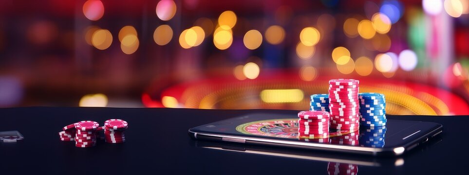 online casino concept, playing cards, dice chips and smartphone with copyspace on the green table. view from above. banner template layout mockup for online casinos and gambling.