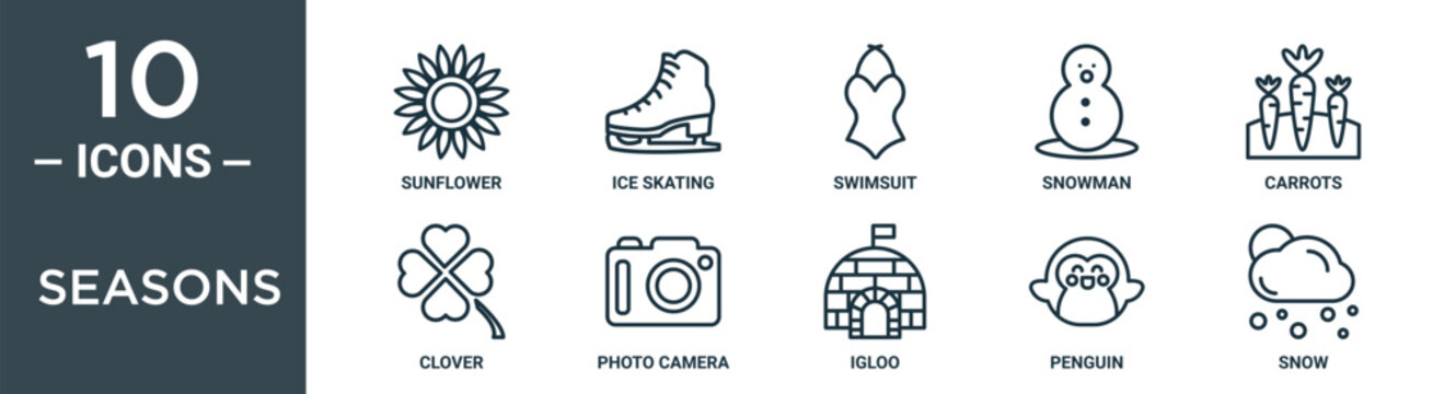 seasons outline icon set includes thin line sunflower, ice skating, swimsuit, snowman, carrots, clover, photo camera icons for report, presentation, diagram, web design
