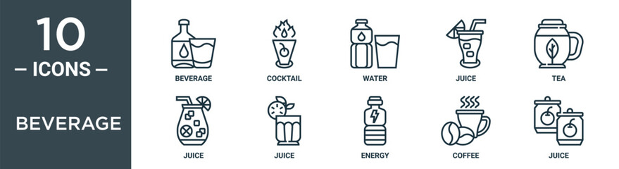 beverage outline icon set includes thin line beverage, cocktail, water, juice, tea, juice, juice icons for report, presentation, diagram, web design
