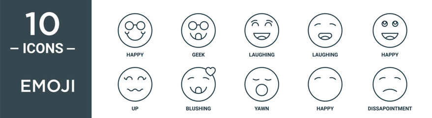 emoji outline icon set includes thin line happy, geek, laughing, laughing, happy, up, blushing icons for report, presentation, diagram, web design