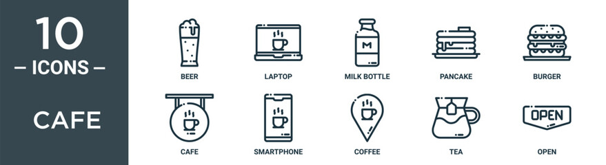 cafe outline icon set includes thin line beer, laptop, milk bottle, pancake, burger, cafe, smartphone icons for report, presentation, diagram, web design