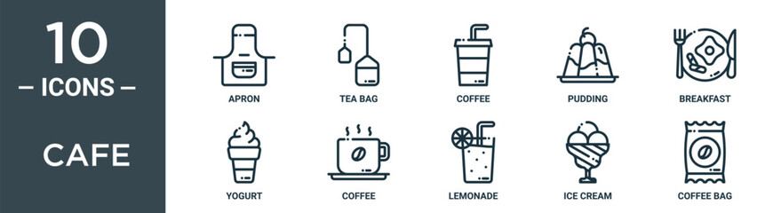 cafe outline icon set includes thin line apron, tea bag, coffee, pudding, breakfast, yogurt, coffee icons for report, presentation, diagram, web design
