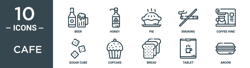 cafe outline icon set includes thin line beer, honey, pie, smoking, coffee hine, sugar cube, cupcake icons for report, presentation, diagram, web design