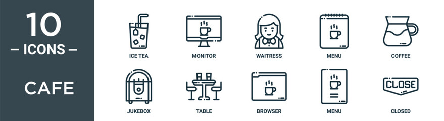 cafe outline icon set includes thin line ice tea, monitor, waitress, menu, coffee, jukebox, table icons for report, presentation, diagram, web design