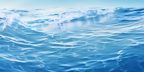 Naklejka na ściany i meble Sea wave low angle view. Ocean water background. View from below, view of a clear blue sky with. Sea or ocean wave close-up view. Beautiful blue clean water. generative Ai